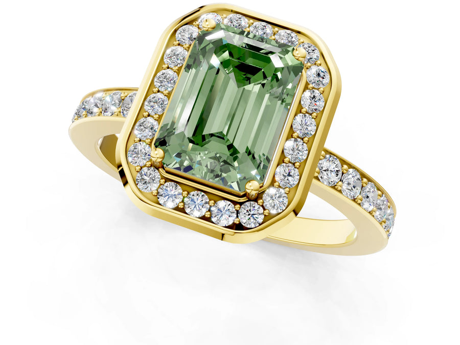 Yellow gold Fancy Green Emerald Cut Diamond Halo Ring with Bezel Frame and Pavé Band