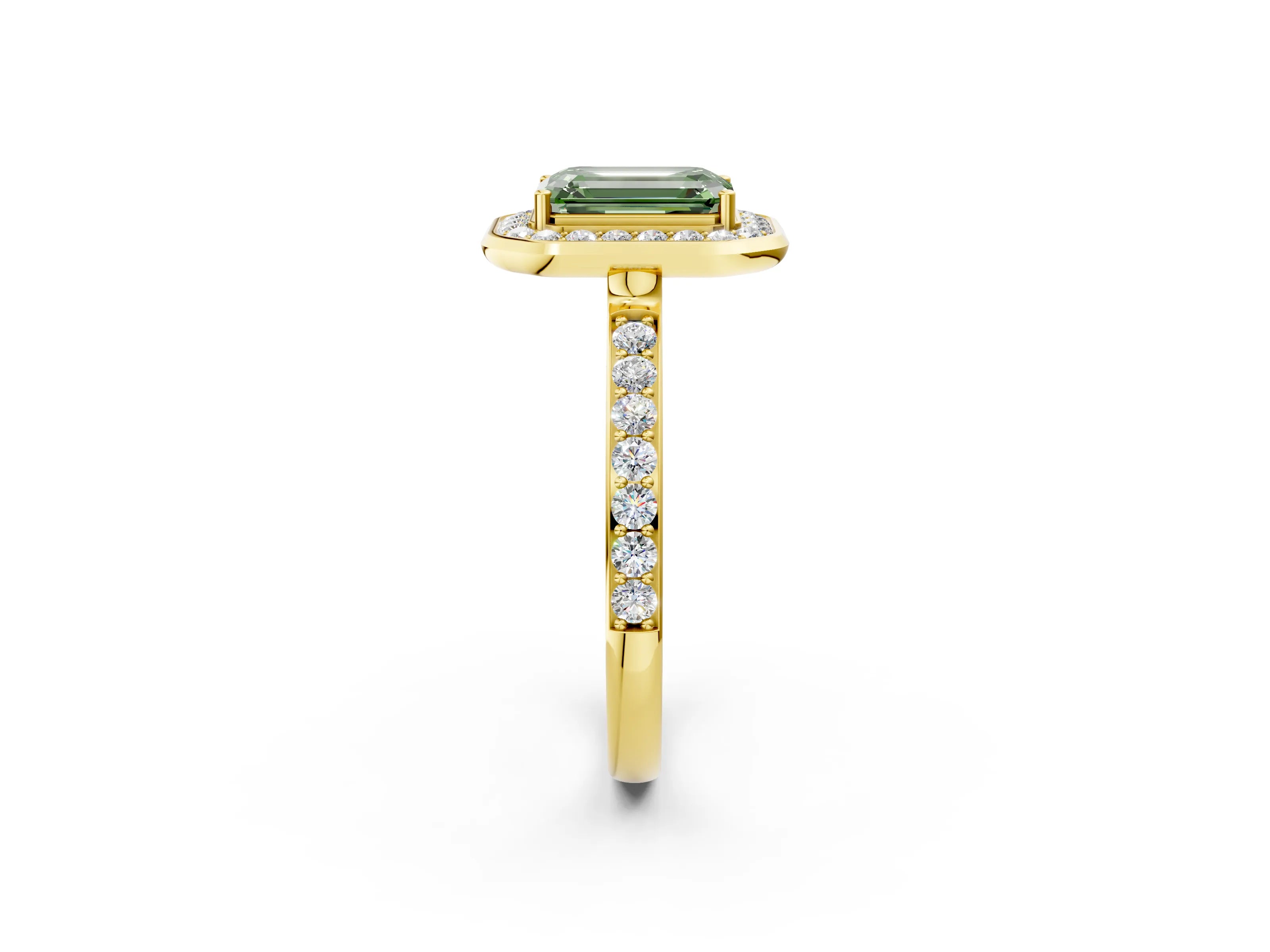 Yellow gold Fancy Green Emerald Cut Diamond Halo Ring with Bezel Frame and Pavé Band_2