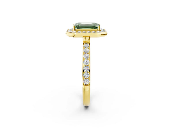 Yellow gold Fancy Green Emerald Cut Diamond Halo Ring with Bezel Frame and Pavé Band