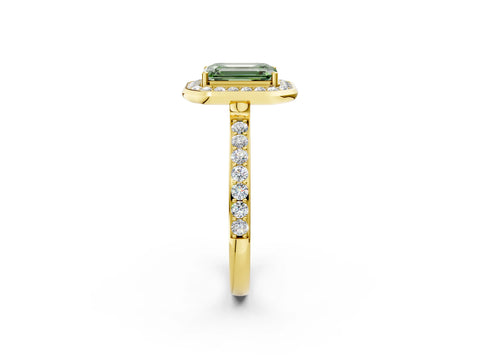 Yellow gold Fancy Green Emerald Cut Diamond Halo Ring with Bezel Frame and Pavé Band_2