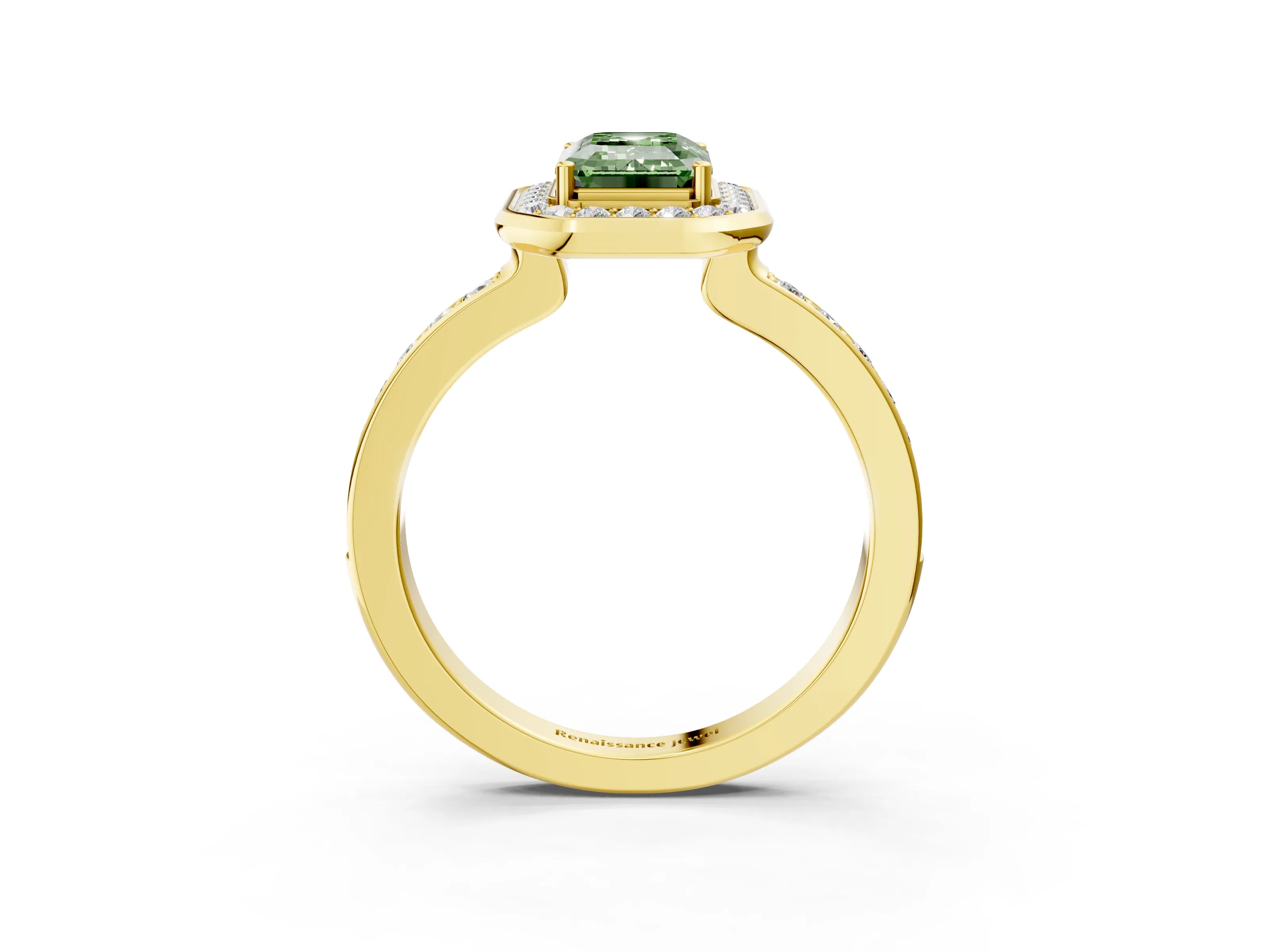 Yellow gold Fancy Green Emerald Cut Diamond Halo Ring with Bezel Frame and Pavé Band_3