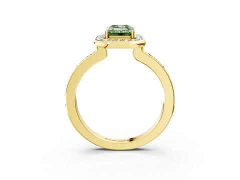 Yellow gold Fancy Green Emerald Cut Diamond Halo Ring with Bezel Frame and Pavé Band_3