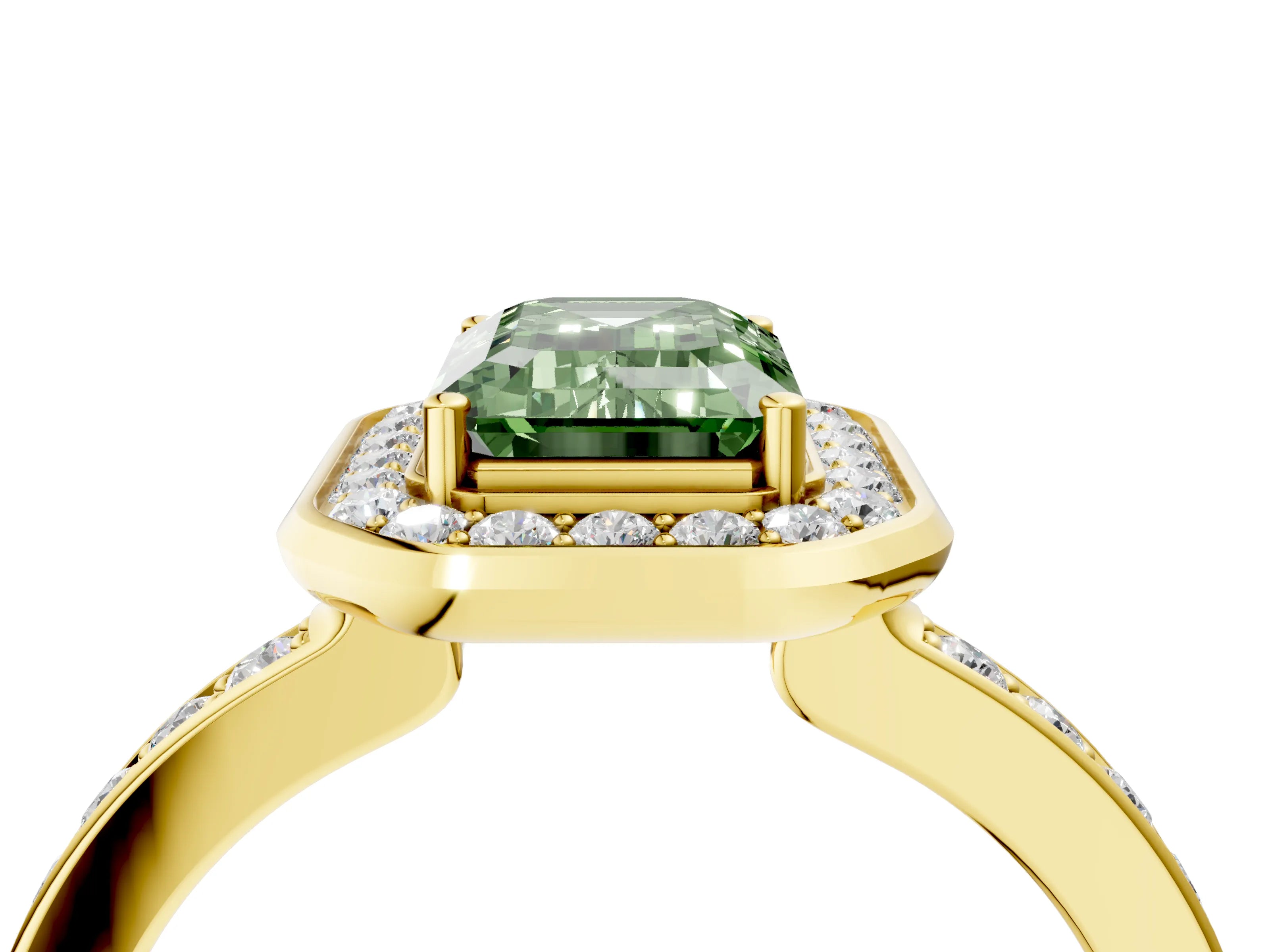 Yellow gold Fancy Green Emerald Cut Diamond Halo Ring with Bezel Frame and Pavé Band_4
