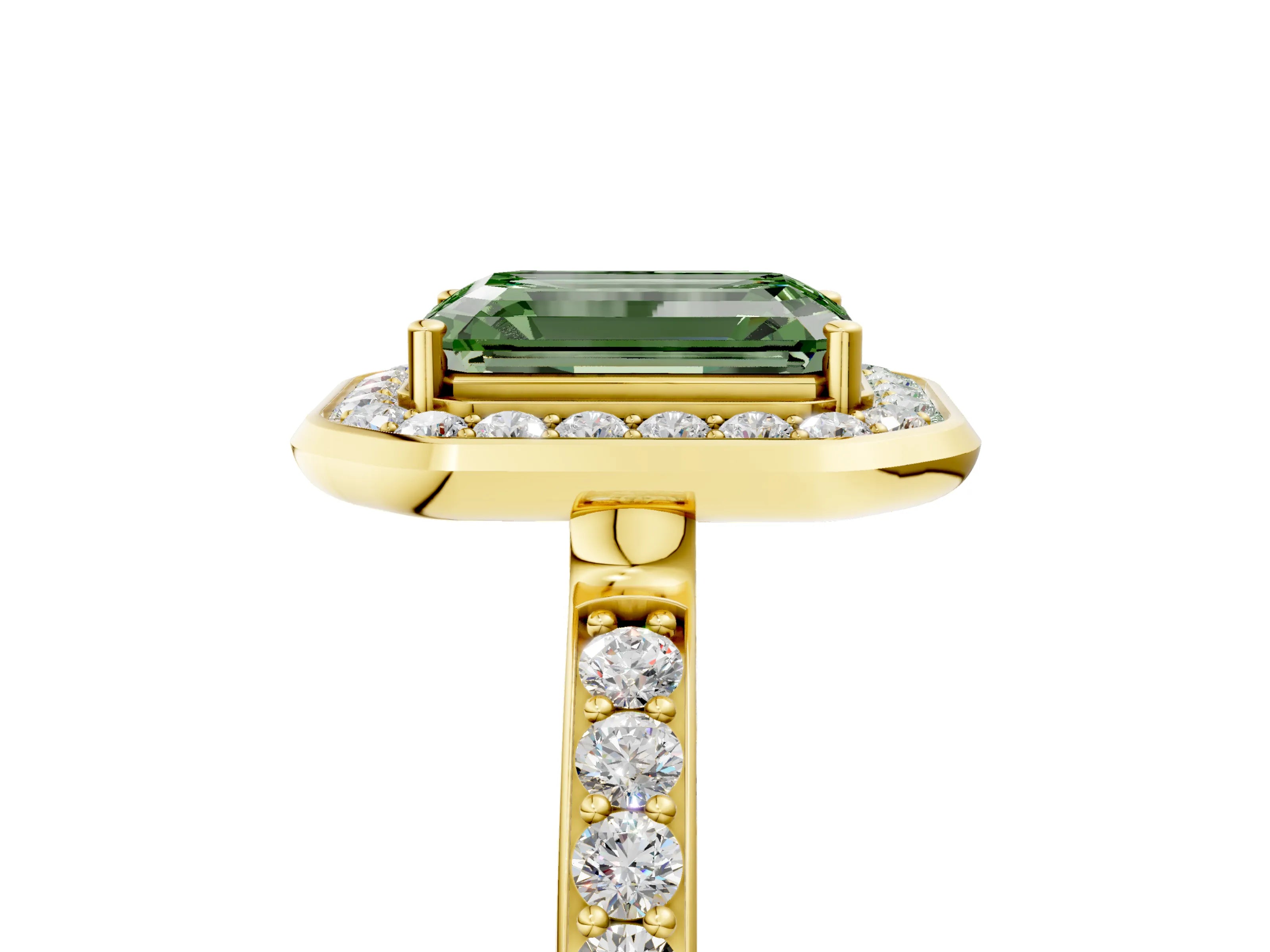 Yellow gold Fancy Green Emerald Cut Diamond Halo Ring with Bezel Frame and Pavé Band_5