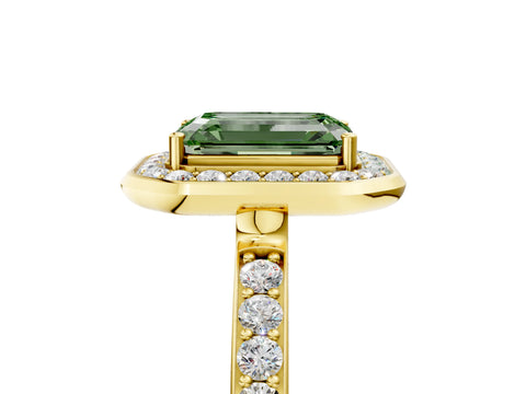 Yellow gold Fancy Green Emerald Cut Diamond Halo Ring with Bezel Frame and Pavé Band_5