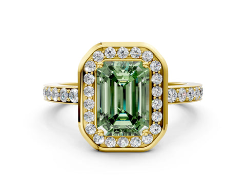 Yellow gold Fancy Green Emerald Cut Diamond Halo Ring with Bezel Frame and Pavé Band
