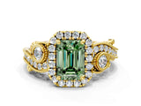 Yellow gold Fancy Green Emerald Cut Diamond Halo Ring with Milgrain Pavé Band and Four-Prong Setting_36