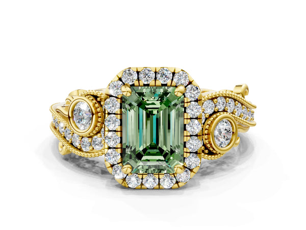 Yellow gold Fancy Green Emerald Cut Diamond Halo Ring with Milgrain Pavé Band and Four-Prong Setting