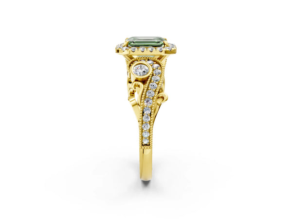 Yellow gold Fancy Green Emerald Cut Diamond Halo Ring with Milgrain Pavé Band and Four-Prong Setting