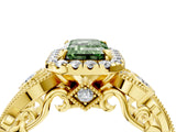 Yellow gold Fancy Green Emerald Cut Diamond Halo Ring with Milgrain Pavé Band and Four-Prong Setting_40