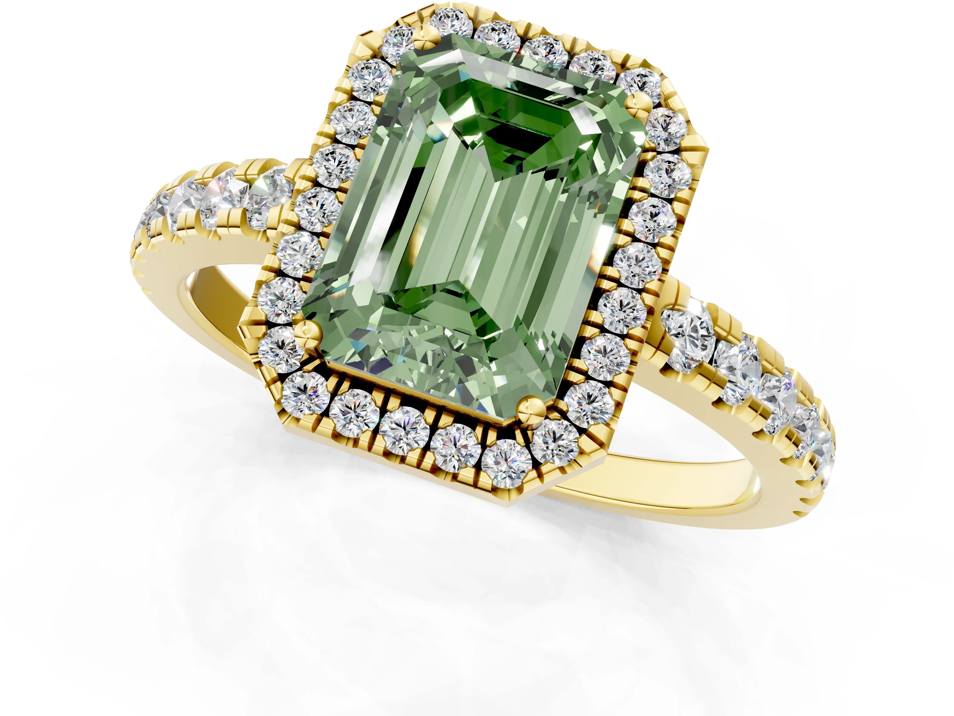 Yellow gold Fancy Green Emerald Cut Diamond Halo Ring with Pavé Band and Four-Prong Setting_1