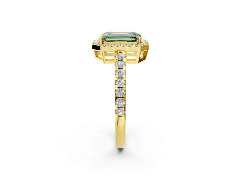 Yellow gold Fancy Green Emerald Cut Diamond Halo Ring with Pavé Band and Four-Prong Setting_2