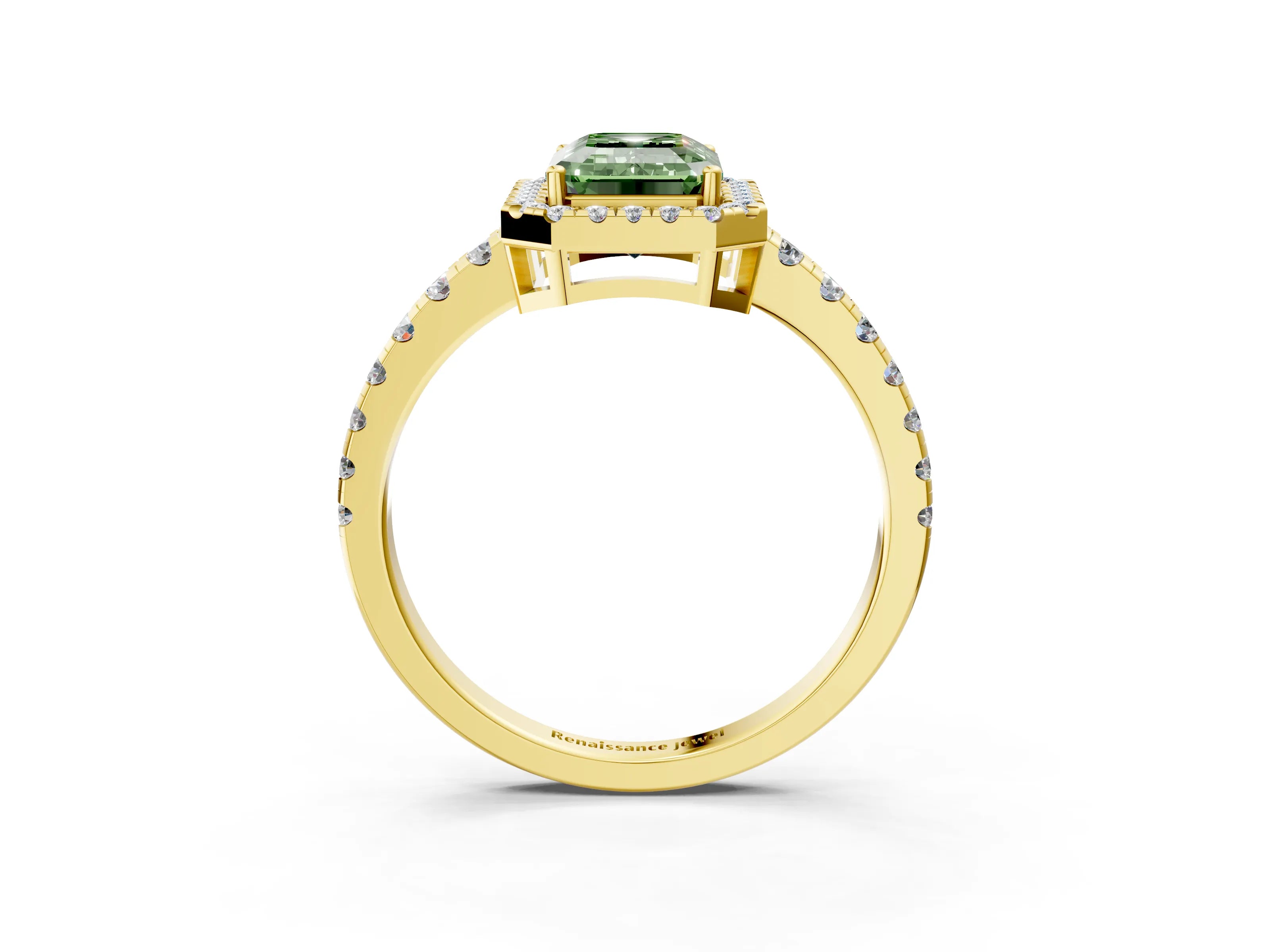 Yellow gold Fancy Green Emerald Cut Diamond Halo Ring with Pavé Band and Four-Prong Setting_3