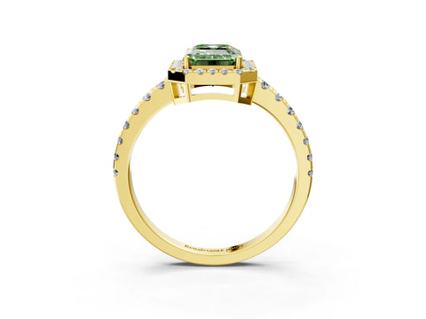 Yellow gold Fancy Green Emerald Cut Diamond Halo Ring with Pavé Band and Four-Prong Setting_3