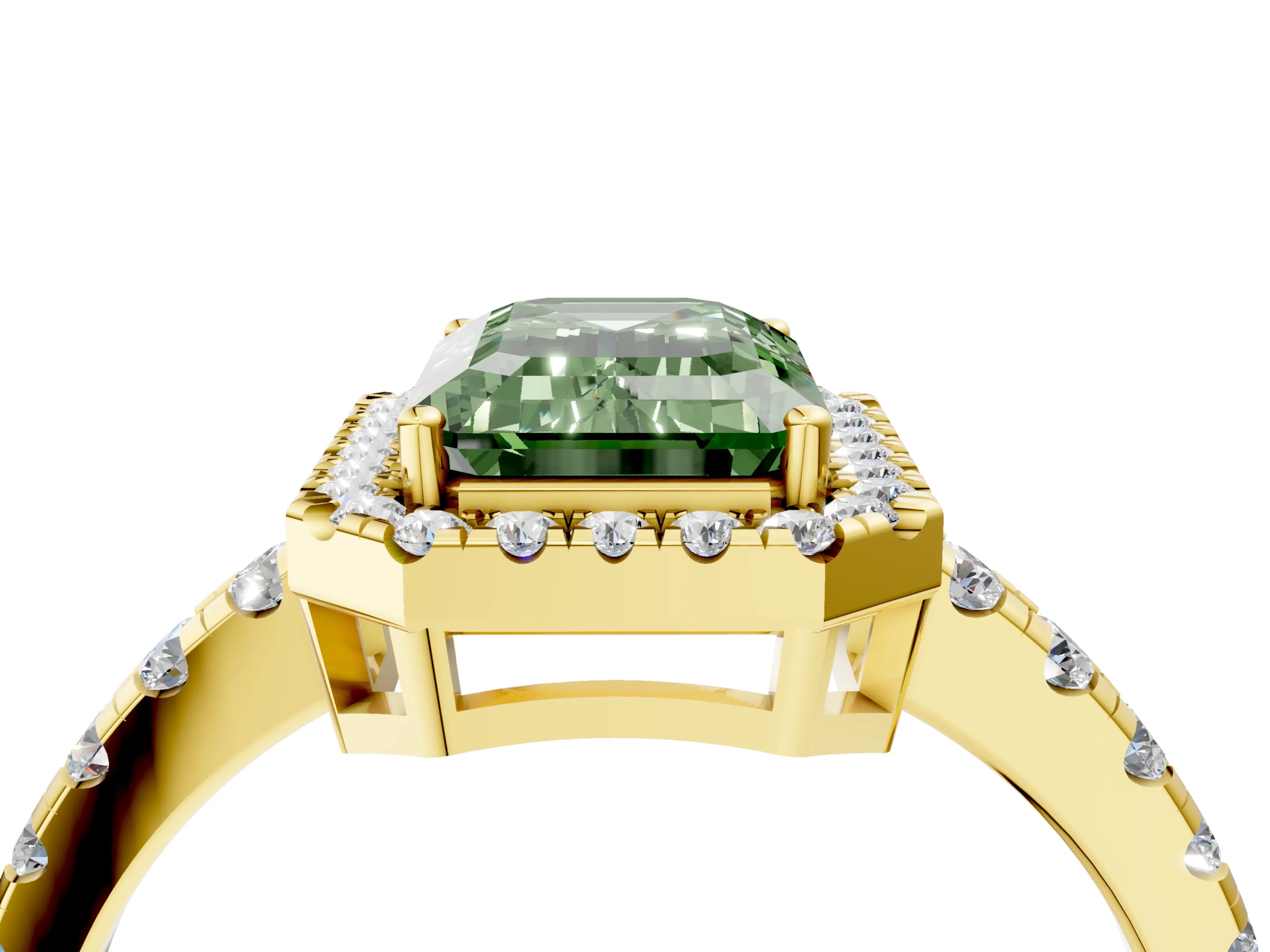 Yellow gold Fancy Green Emerald Cut Diamond Halo Ring with Pavé Band and Four-Prong Setting_4
