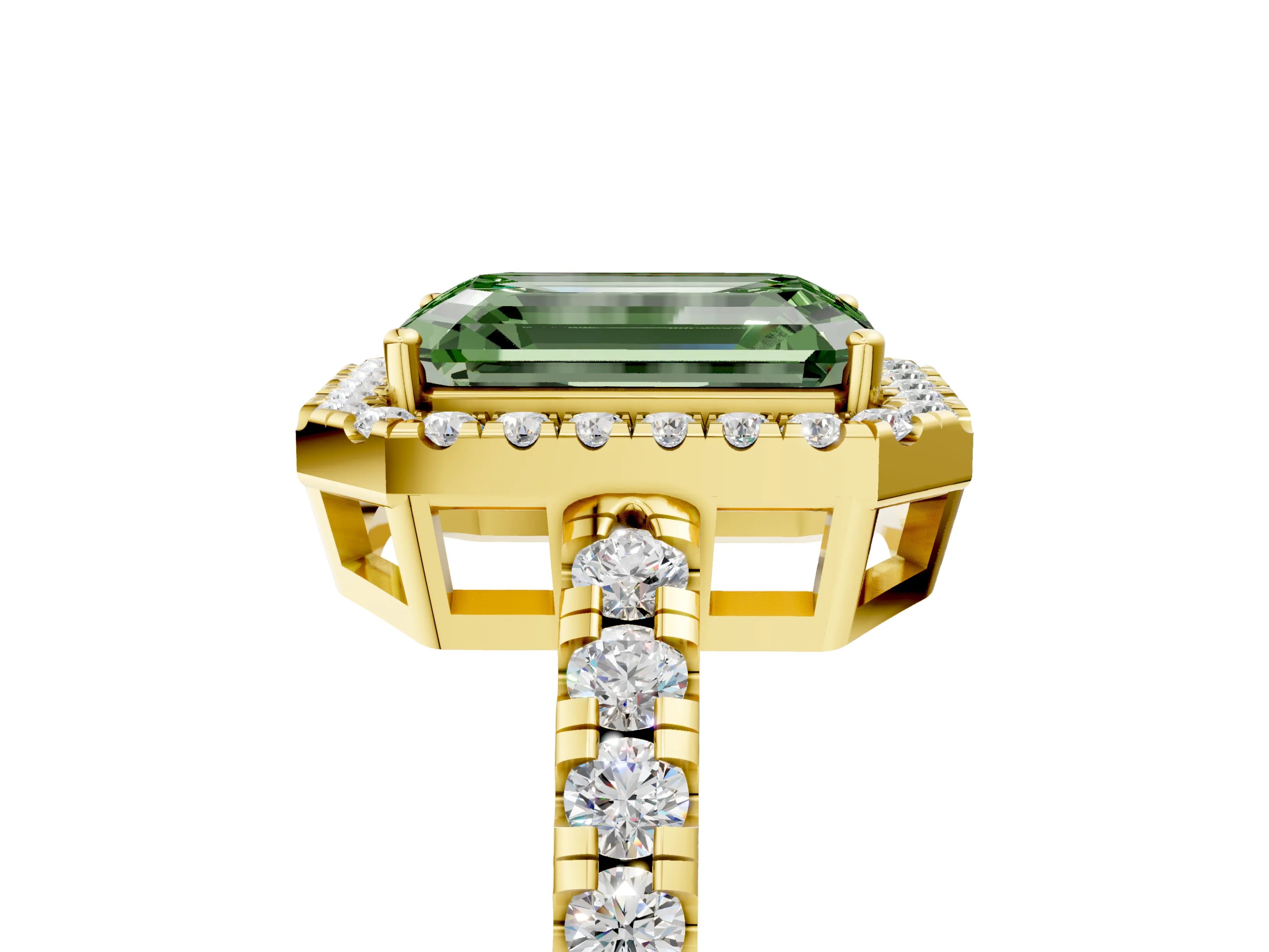 Yellow gold Fancy Green Emerald Cut Diamond Halo Ring with Pavé Band and Four-Prong Setting_5