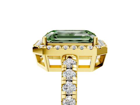 Yellow gold Fancy Green Emerald Cut Diamond Halo Ring with Pavé Band and Four-Prong Setting_5