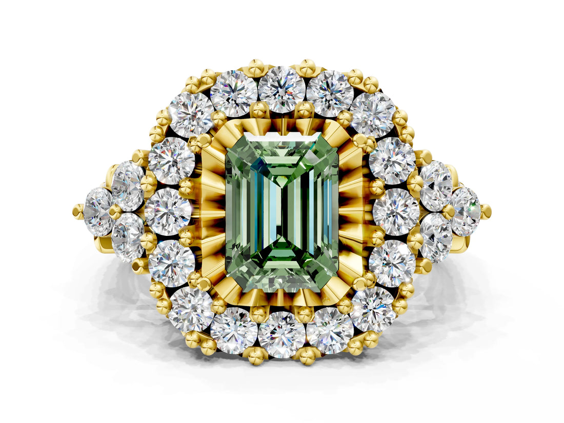 Yellow gold Fancy Green Emerald Cut Diamond Halo Ring with Pavé Band and Four-Prong Setting_74