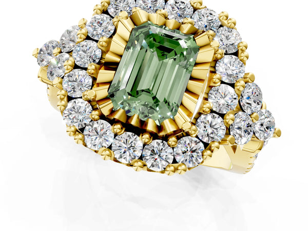 Yellow gold Fancy Green Emerald Cut Diamond Halo Ring with Pavé Band and Four-Prong Setting