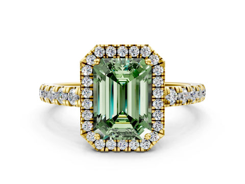Yellow gold Fancy Green Emerald Cut Diamond Halo Ring with Pavé Band and Four-Prong Setting