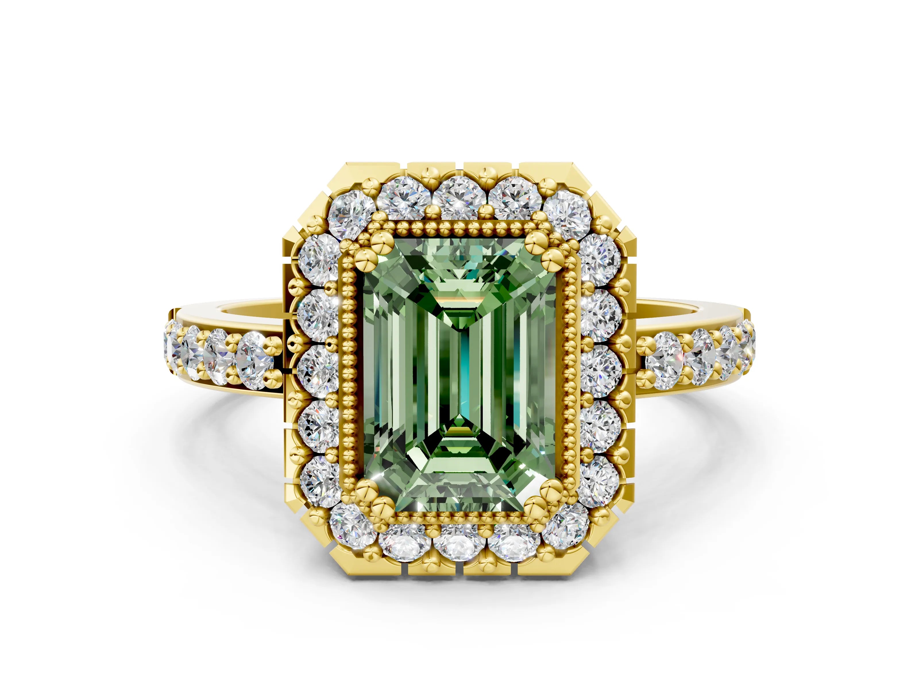Yellow gold Fancy Green Emerald Cut Diamond Halo Ring with Pavé Band and Prong Setting