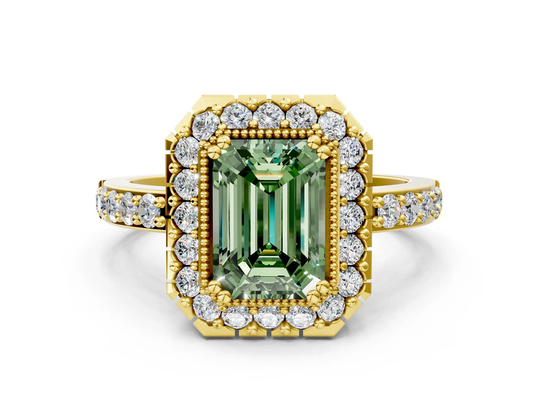 Yellow gold Fancy Green Emerald Cut Diamond Halo Ring with Pavé Band and Prong Setting