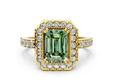 Yellow gold Fancy Green Emerald Cut Diamond Halo Ring with Pavé Band and Prong Setting