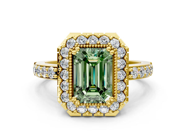 Yellow gold Fancy Green Emerald Cut Diamond Halo Ring with Pavé Band and Prong Setting