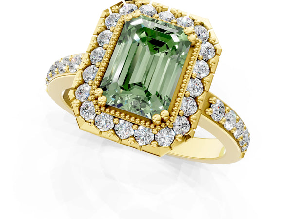Yellow gold Fancy Green Emerald Cut Diamond Halo Ring with Pavé Band and Prong Setting
