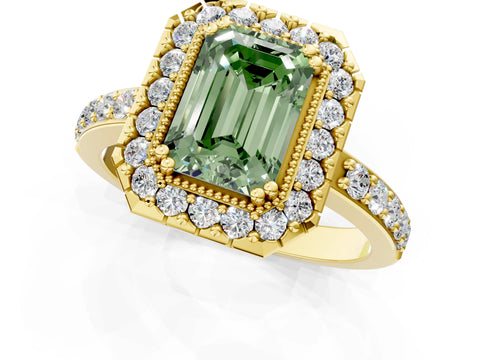 Yellow gold Fancy Green Emerald Cut Diamond Halo Ring with Pavé Band and Prong Setting_1