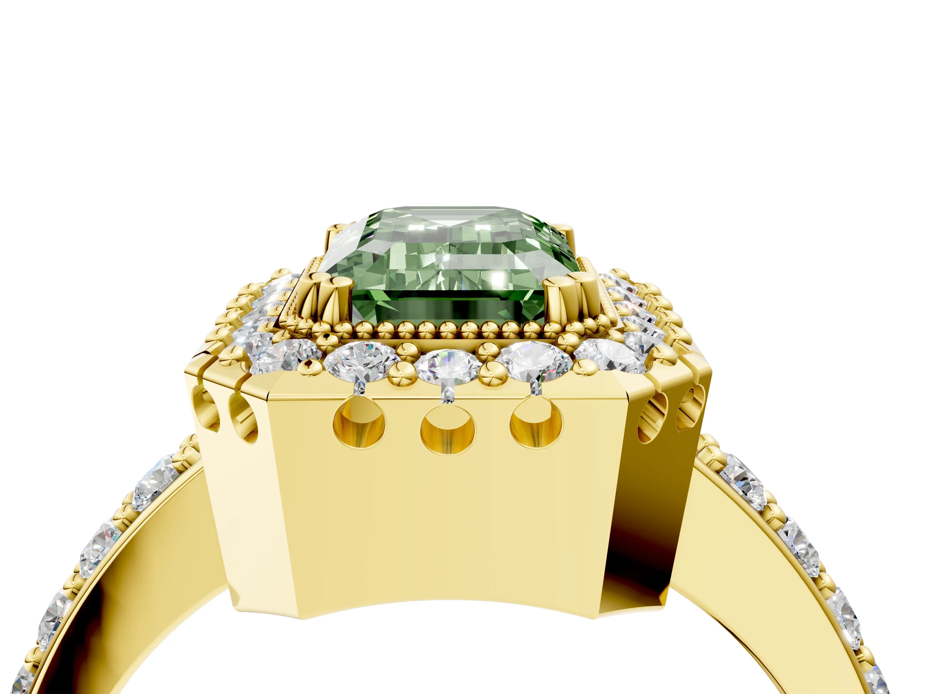 Yellow gold Fancy Green Emerald Cut Diamond Halo Ring with Pavé Band and Prong Setting_4