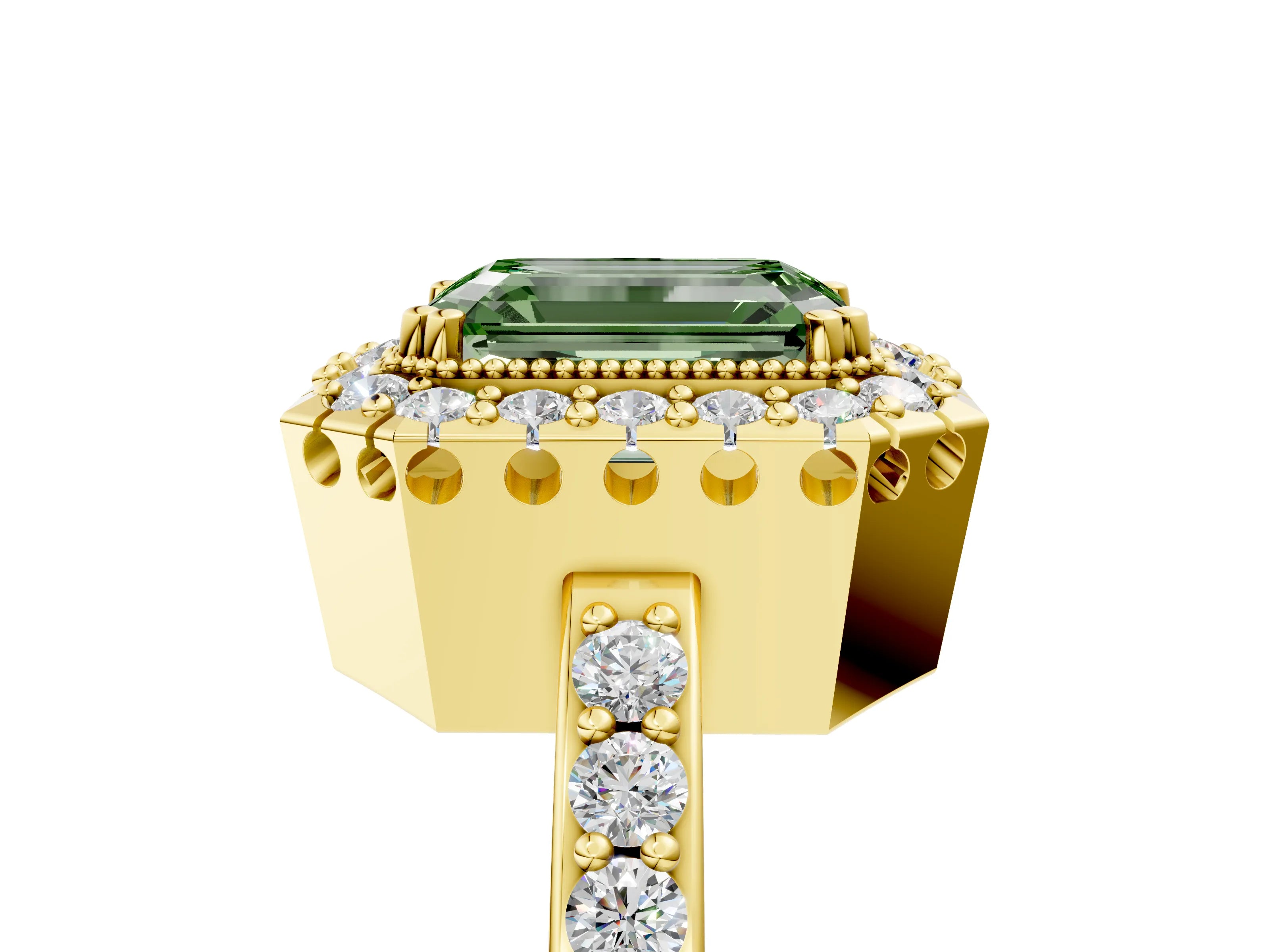 Yellow gold Fancy Green Emerald Cut Diamond Halo Ring with Pavé Band and Prong Setting_5
