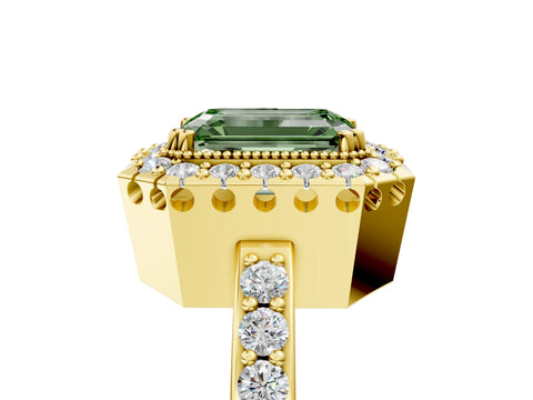 Yellow gold Fancy Green Emerald Cut Diamond Halo Ring with Pavé Band and Prong Setting_5