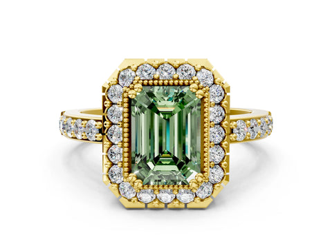 Yellow gold Fancy Green Emerald Cut Diamond Halo Ring with Pavé Band and Prong Setting