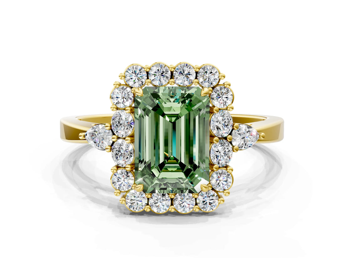 Yellow gold Fancy Green Emerald Cut Diamond Halo Ring with Pear Side Stones and Prong Setting_51