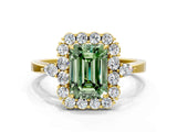 Yellow gold Fancy Green Emerald Cut Diamond Halo Ring with Pear Side Stones and Prong Setting_51