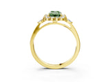 Yellow gold Fancy Green Emerald Cut Diamond Halo Ring with Pear Side Stones and Prong Setting_54