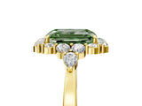 Yellow gold Fancy Green Emerald Cut Diamond Halo Ring with Pear Side Stones and Prong Setting_56
