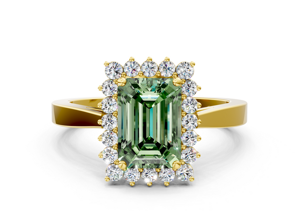 Yellow gold Fancy Green Emerald  Cut Diamond Halo Ring with Round Brilliant Halo and Solitaire Band