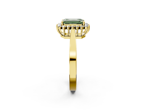 Yellow gold Fancy Green Emerald  Cut Diamond Halo Ring with Round Brilliant Halo and Solitaire Band