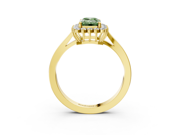 Yellow gold Fancy Green Emerald  Cut Diamond Halo Ring with Round Brilliant Halo and Solitaire Band