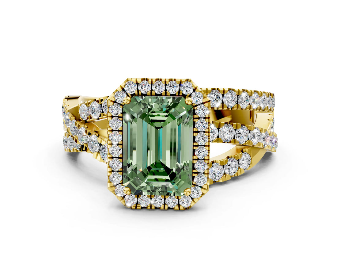 Yellow gold Fancy Green Emerald Cut Diamond Halo Ring with Round Split Shank and Prong Setting_36