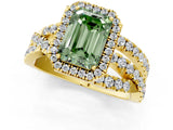 Yellow gold Fancy Green Emerald Cut Diamond Halo Ring with Round Split Shank and Prong Setting_37