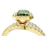 Yellow gold Fancy Green Emerald Cut Diamond Halo Ring with Round Split Shank and Prong Setting_40