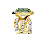 Yellow gold Fancy Green Emerald Cut Diamond Halo Ring with Round Split Shank and Prong Setting_41