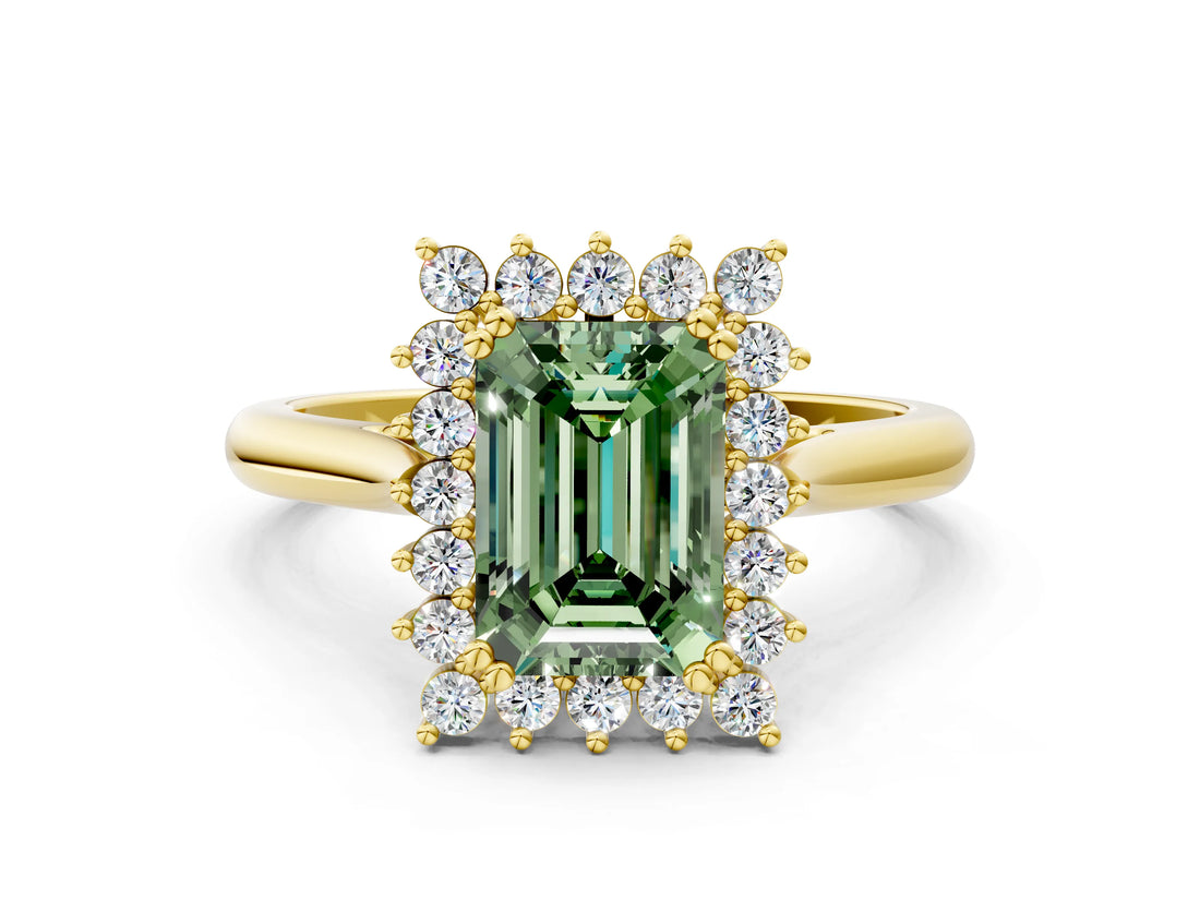 Yellow gold Fancy Green Emerald  Cut Diamond Halo Ring with Solitaire Band and Prong Setting_76