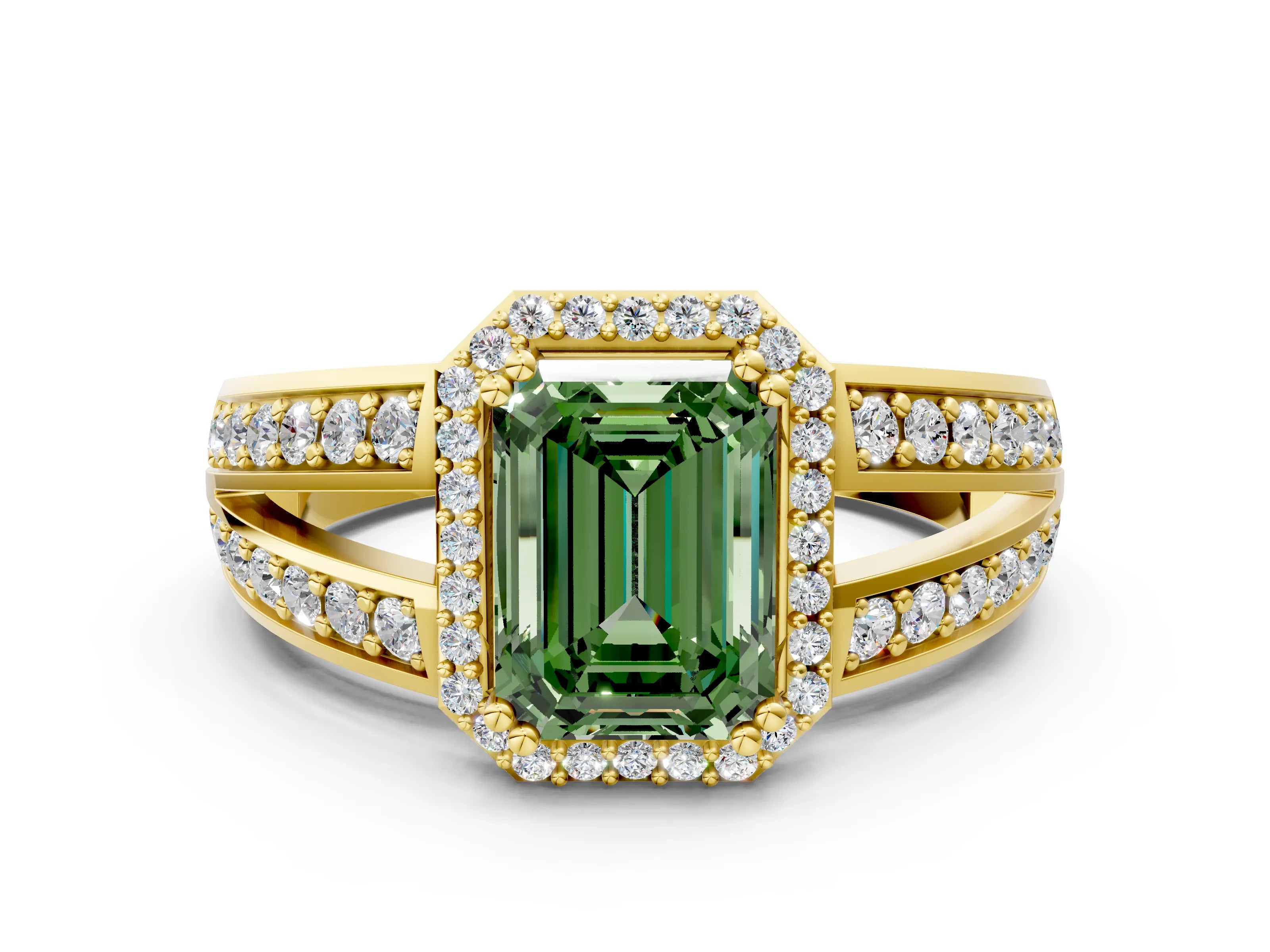 Yellow gold Fancy Green Emerald Cut Diamond Halo Ring with Split Shank Pavé Band and Four-Prong Setting