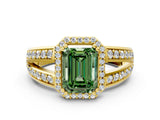 Yellow gold Fancy Green Emerald Cut Diamond Halo Ring with Split Shank Pavé Band and Four-Prong Setting