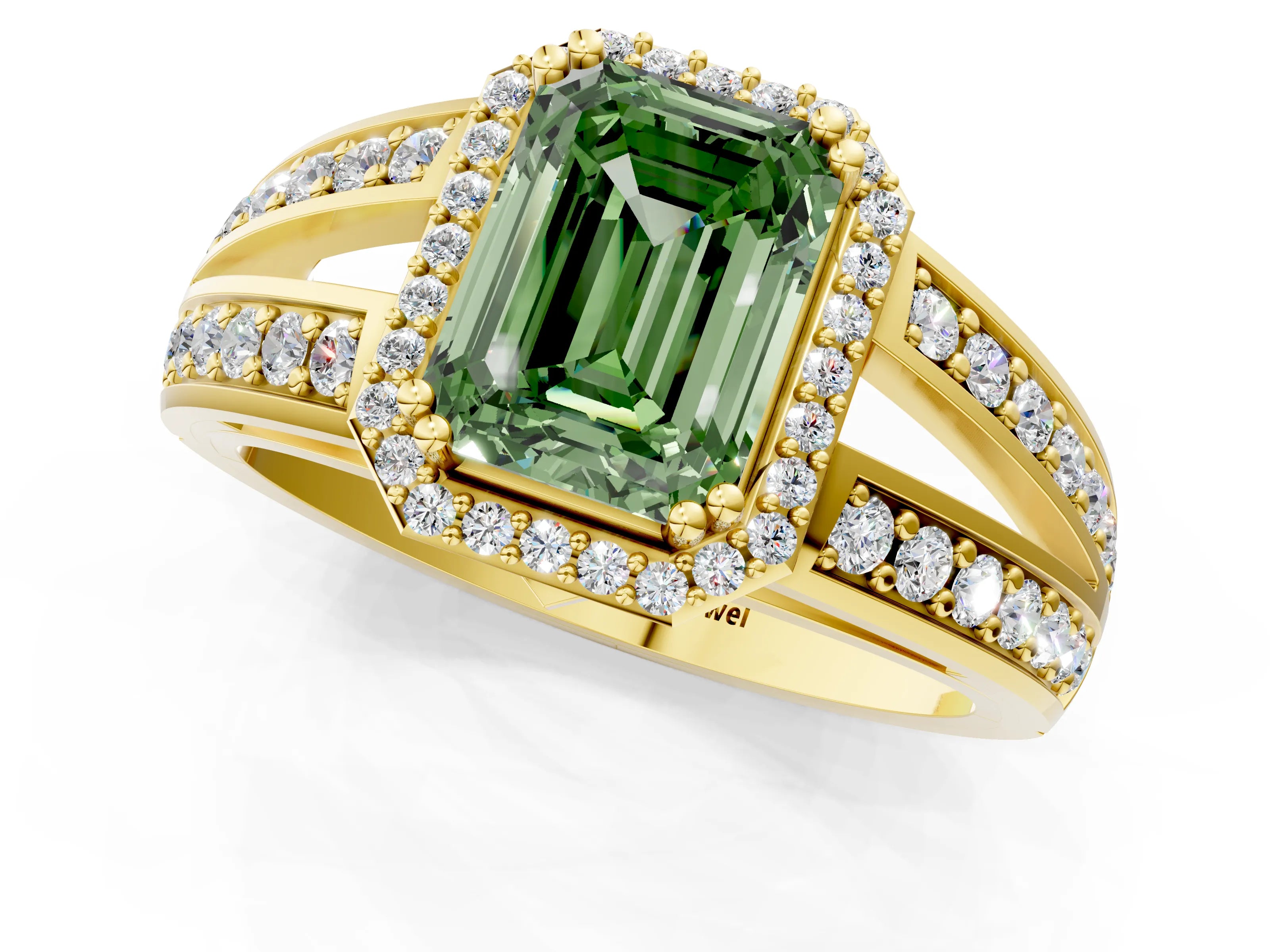 Yellow gold Fancy Green Emerald Cut Diamond Halo Ring with Split Shank Pavé Band and Four-Prong Setting_1