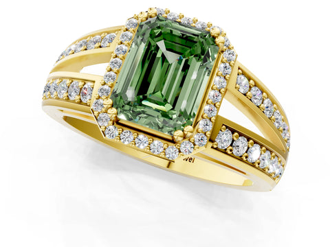 Yellow gold Fancy Green Emerald Cut Diamond Halo Ring with Split Shank Pavé Band and Four-Prong Setting_1